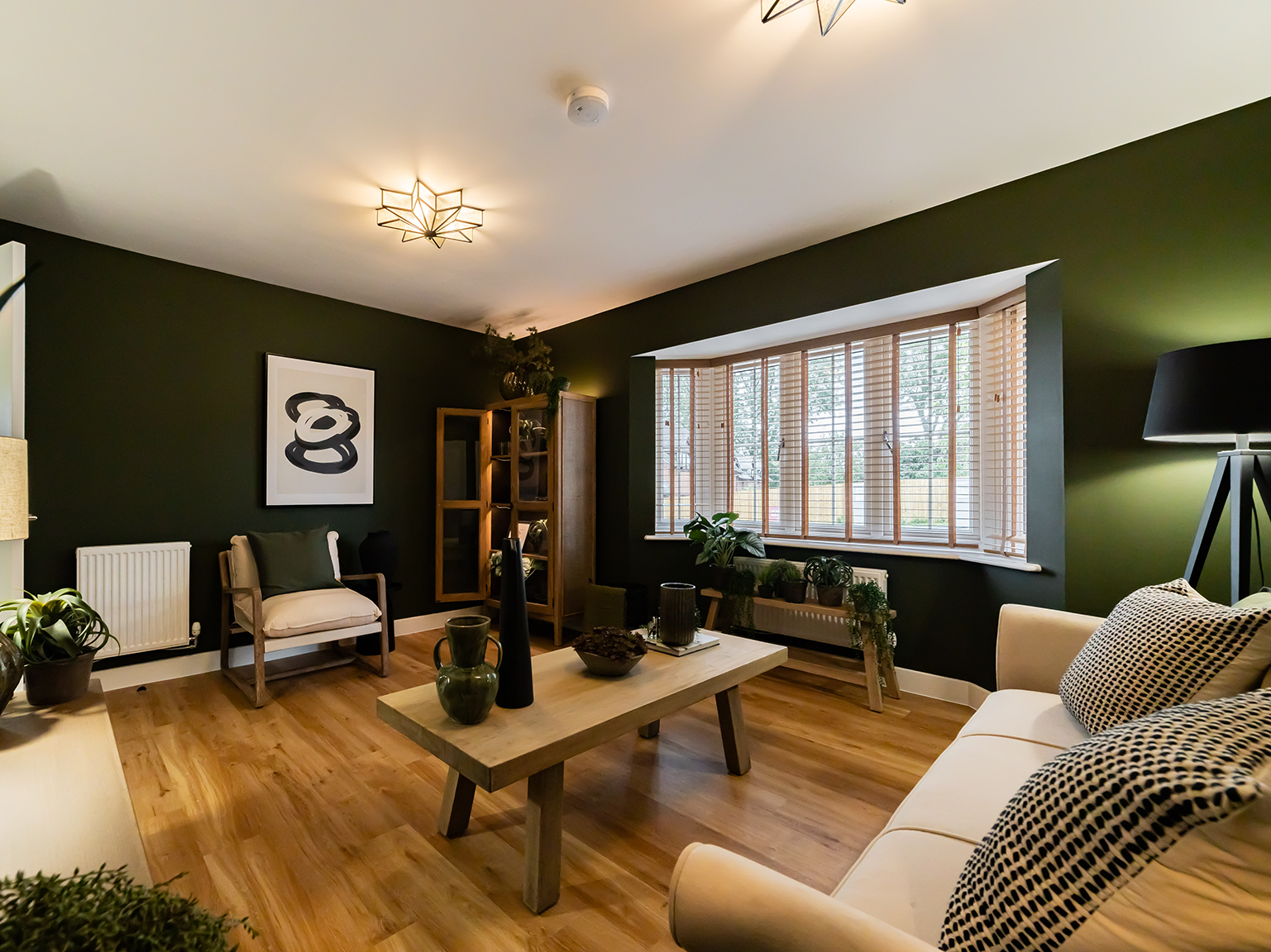Modern living room with dark green walls, wooden floors, bay window, and contemporary decor accents