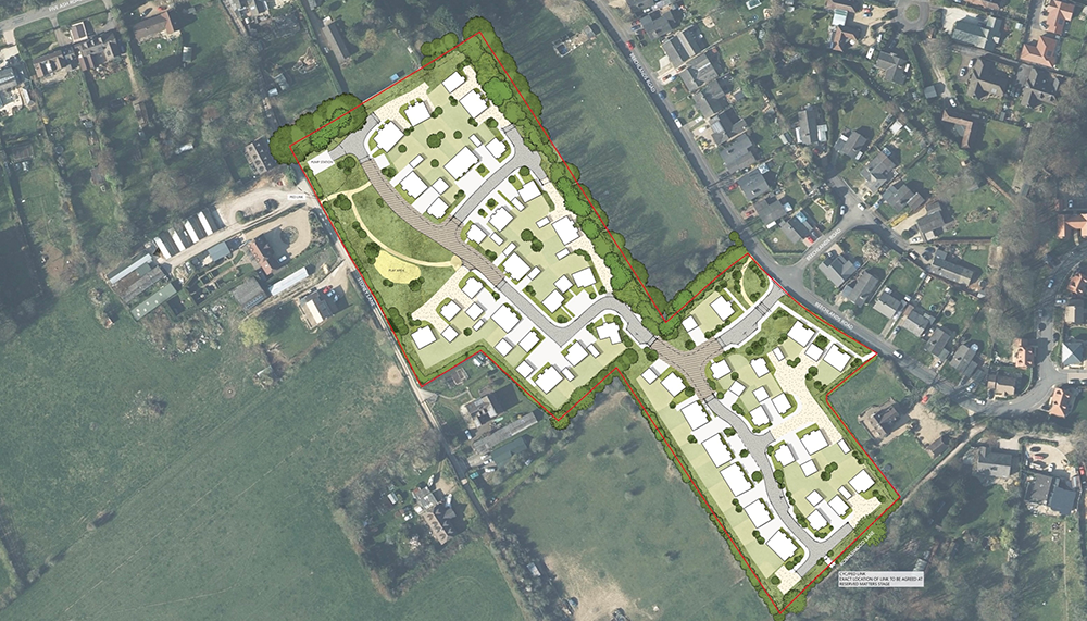 Aerial view showing approved outline planning layout for new residential development in Medstead, Hampshire