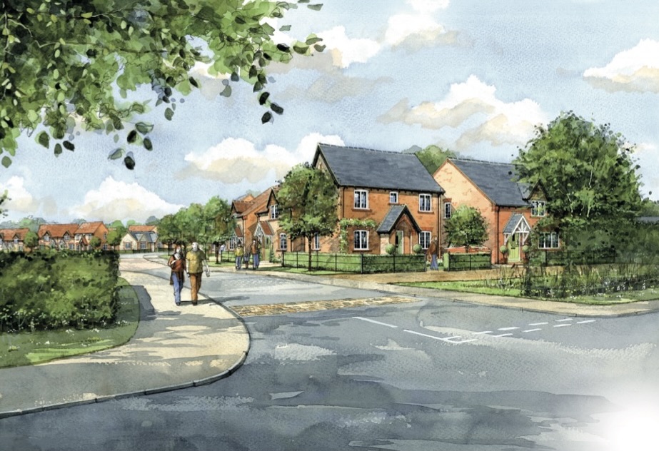 Watercolour-style illustration of a proposed residential development in Goodworth Clatford, Hampshire